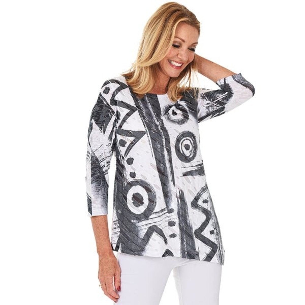 Jess & Jane Tunic Large White Black Abstract Geometric Burnout Asymmetrical Hem